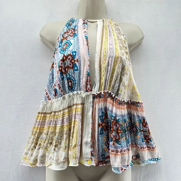 Free People Bellini Patchwork Halter Top Size L Spaghetti Straps Deep V-Neck - Picture 6 of 11